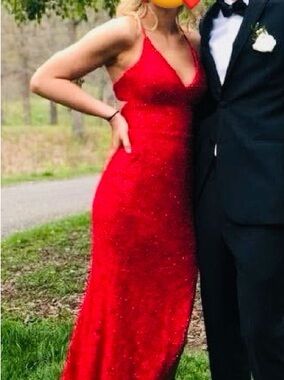 La Femme Red Sequin Spaghetti Strap Prom Gown